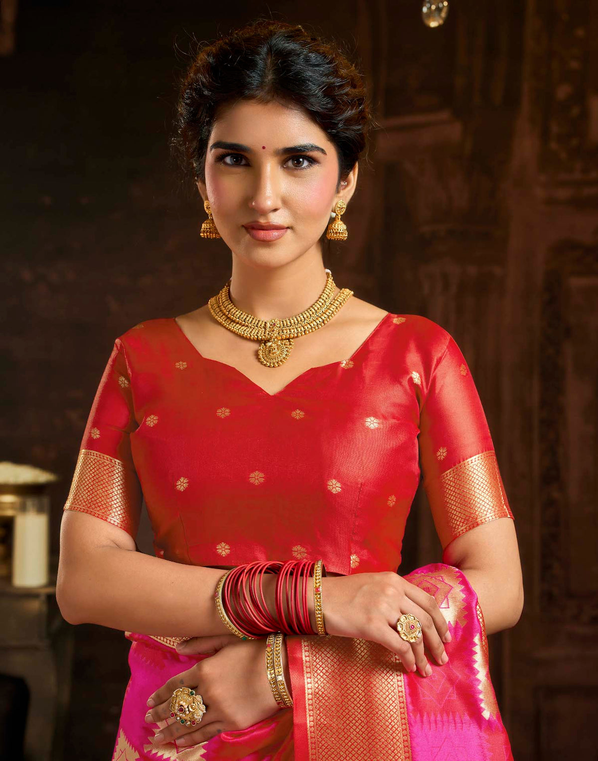Dark Pink Silk Woven Banarasi Saree