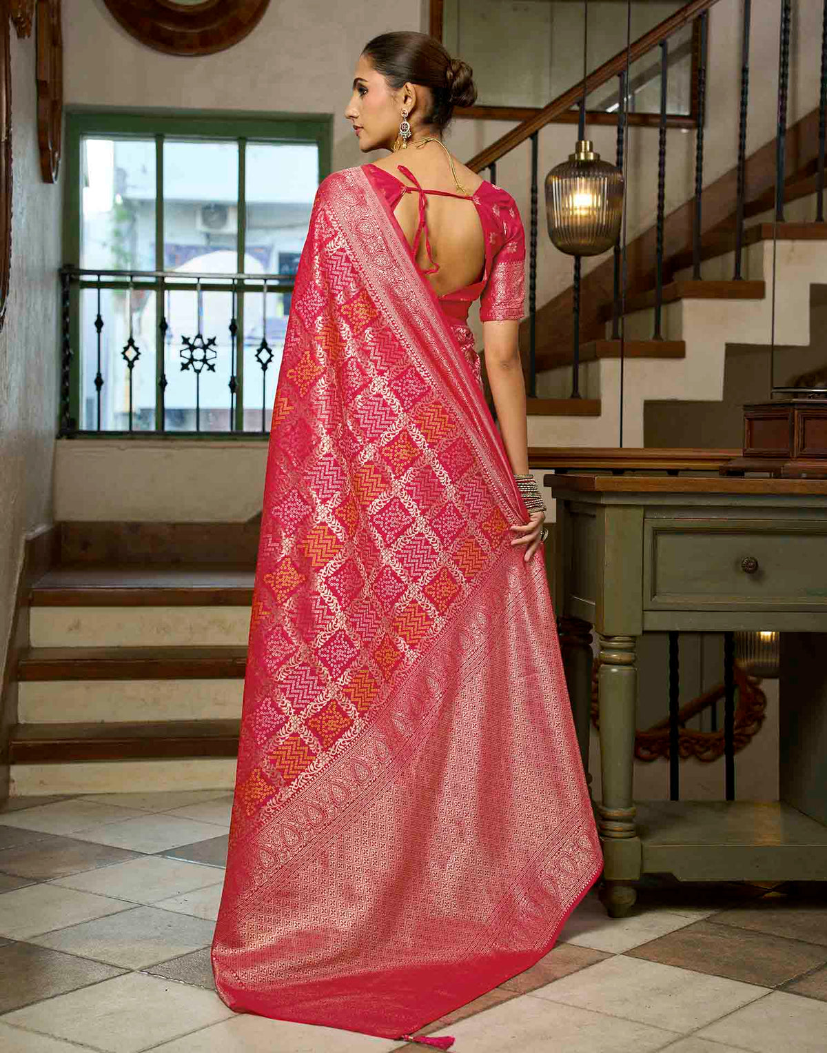 Rani Pink Silk Woven Bandhani Saree