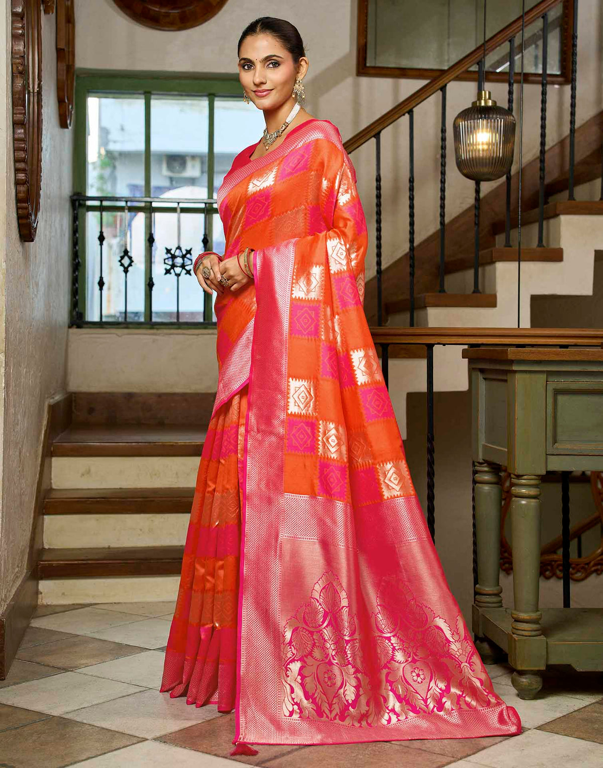 Orange Silk Woven Banarasi Saree