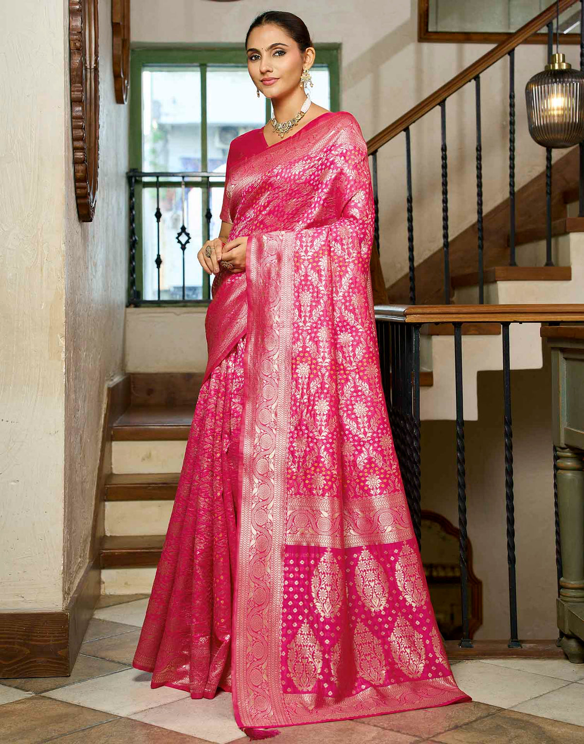 Rani Pink Silk Woven Bandhani Saree