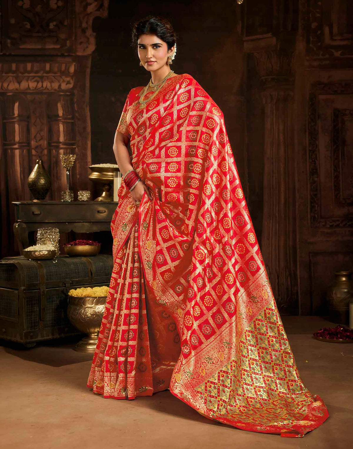 Rani Red Silk Woven Bandhani Saree