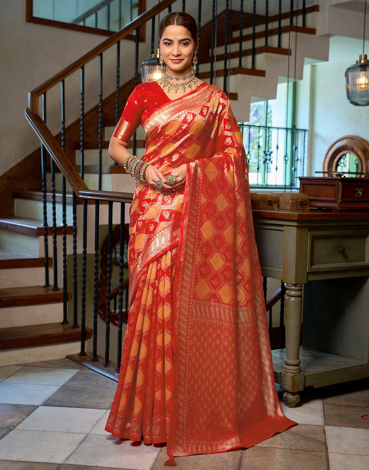 Bright Red Silk Woven Banarasi Saree