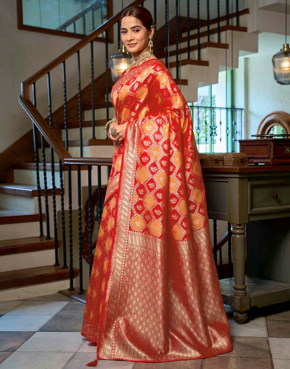 Bright Red Silk Woven Banarasi Saree