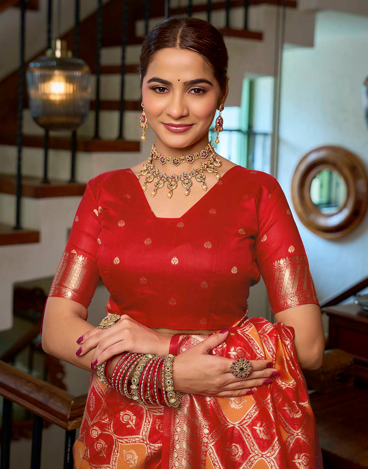 Bright Red Silk Woven Banarasi Saree