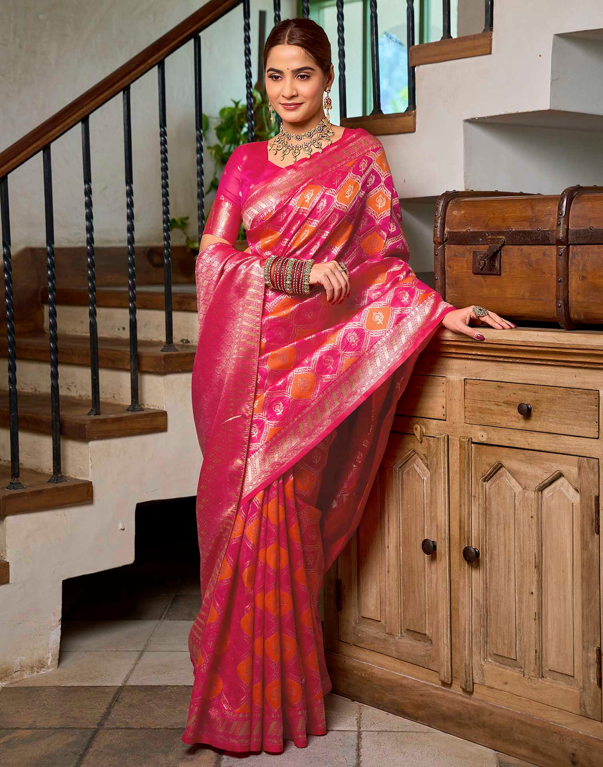 Dark Pink Silk Woven Banarasi Saree