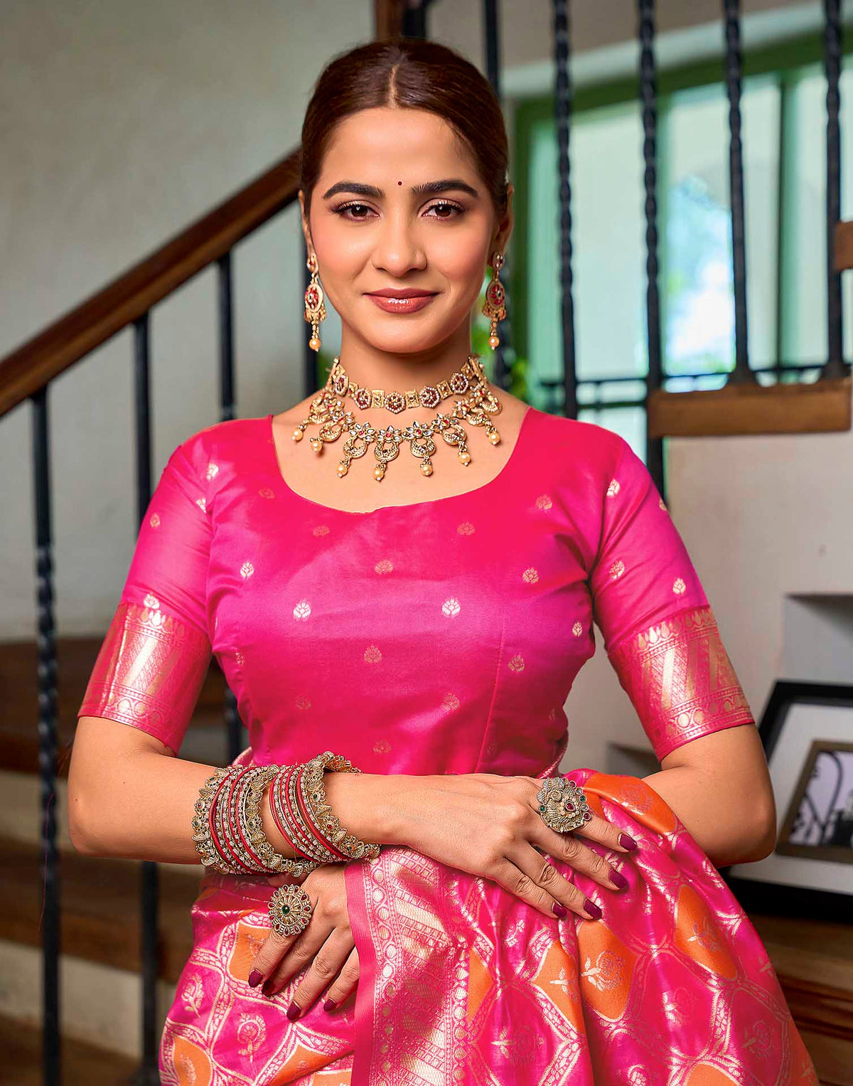 Dark Pink Silk Woven Banarasi Saree