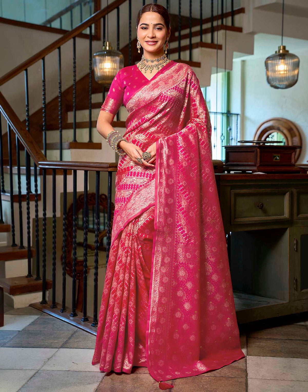 Dark Pink Silk Woven Banarasi Saree