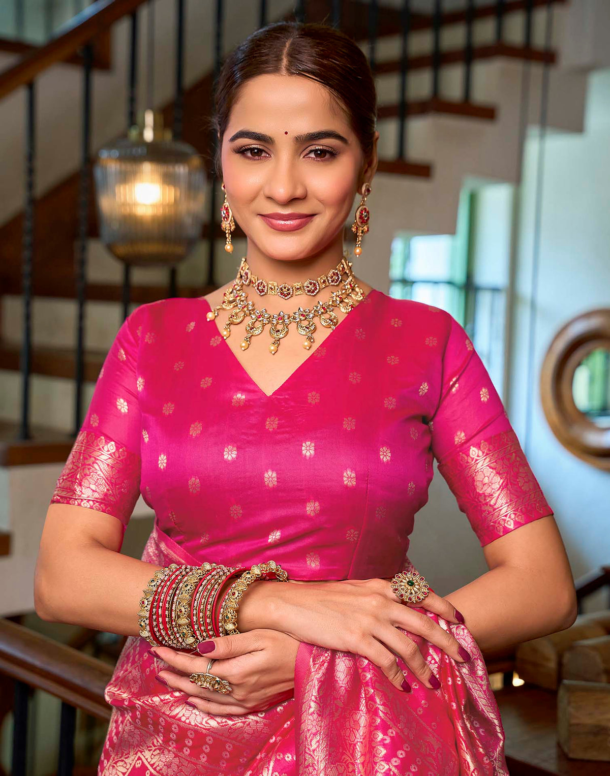 Dark Pink Silk Woven Banarasi Saree