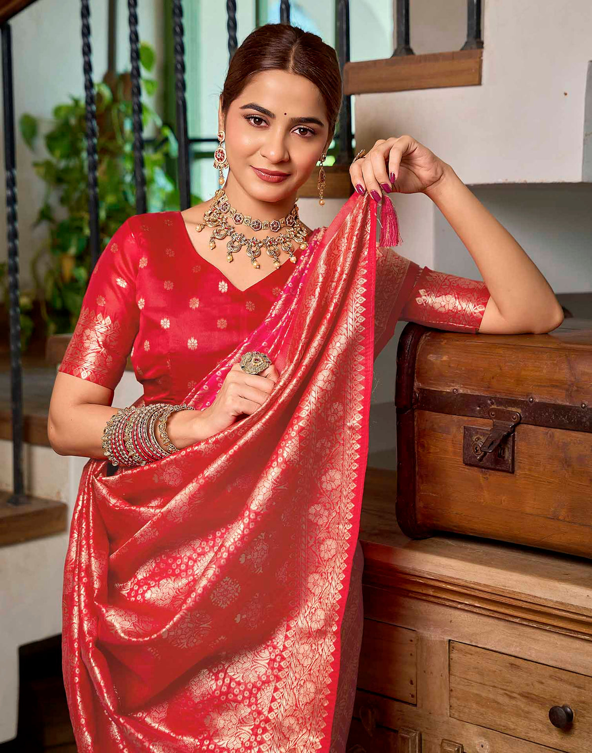 Bright Red Silk Woven Banarasi Saree