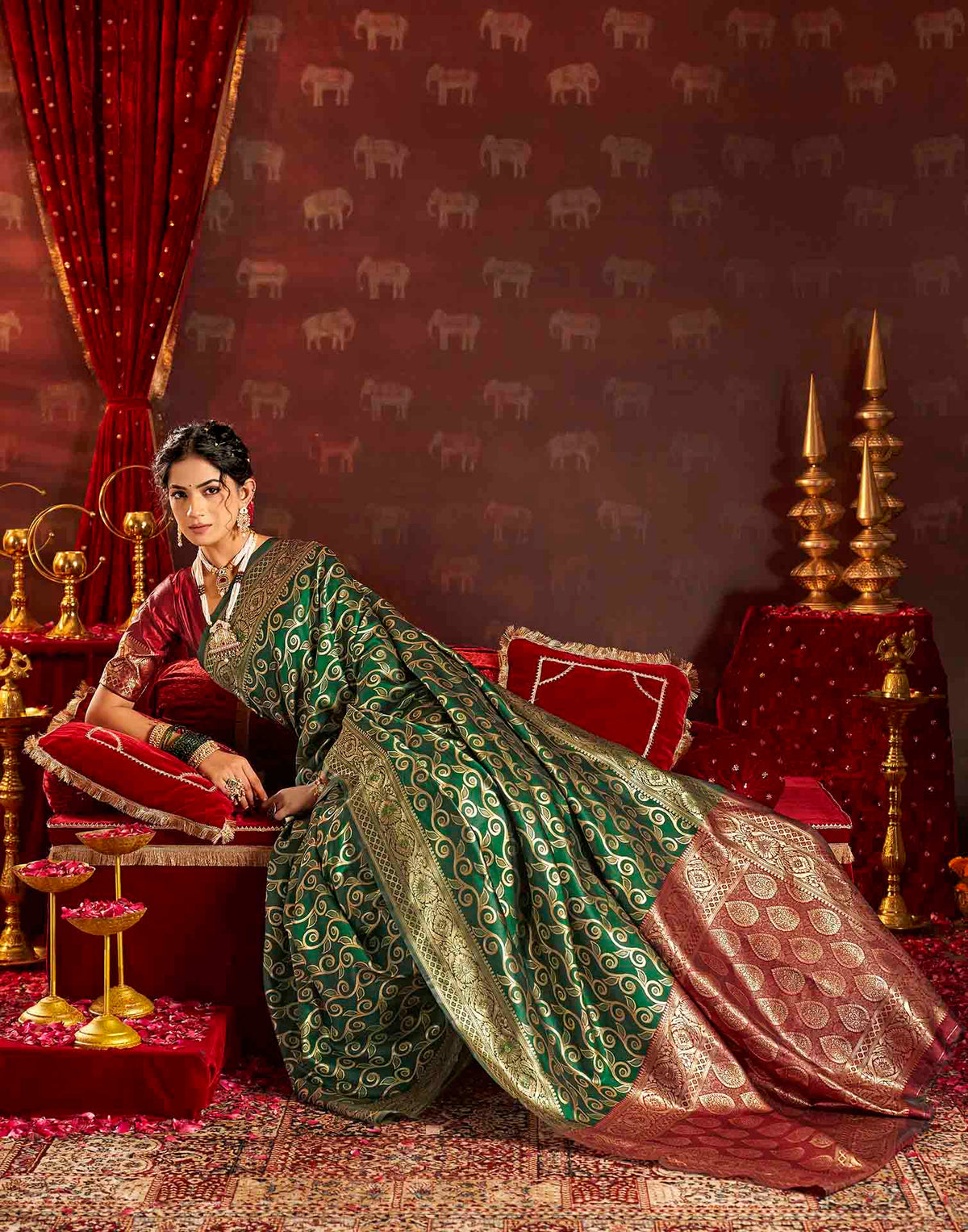 Dark Green Silk Woven Banarasi Saree