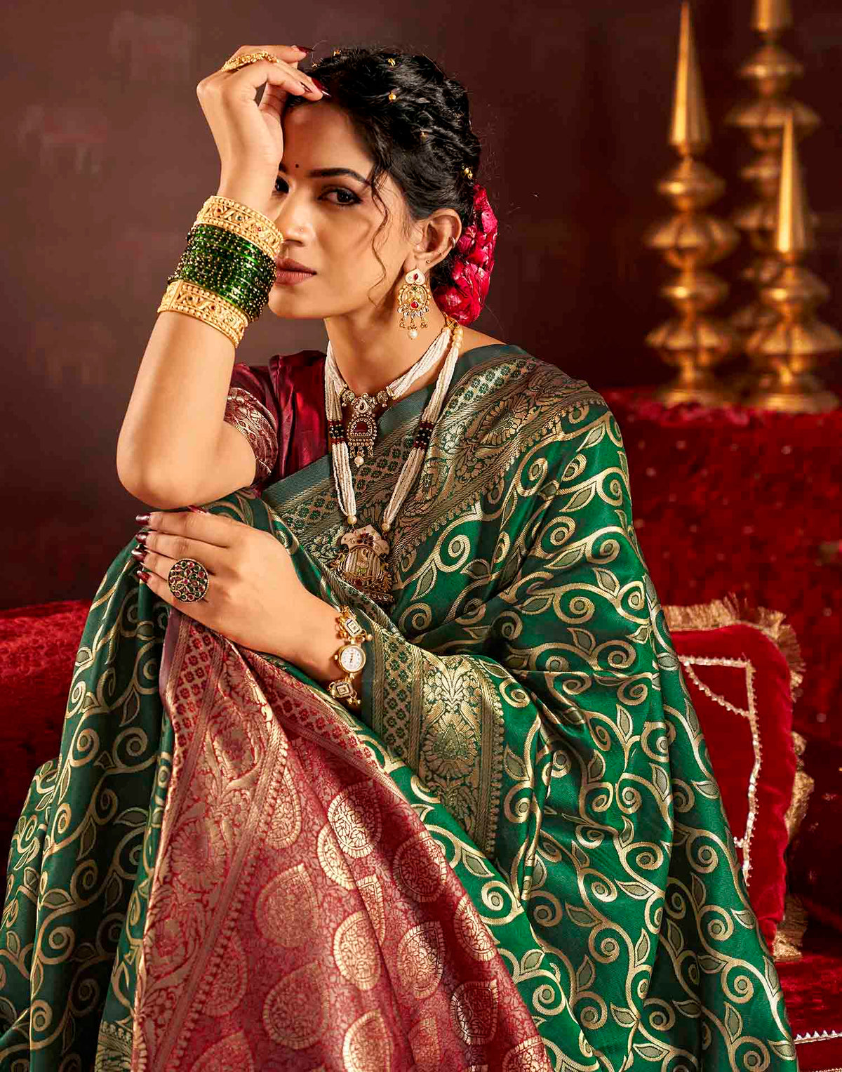 Dark Green Silk Woven Banarasi Saree