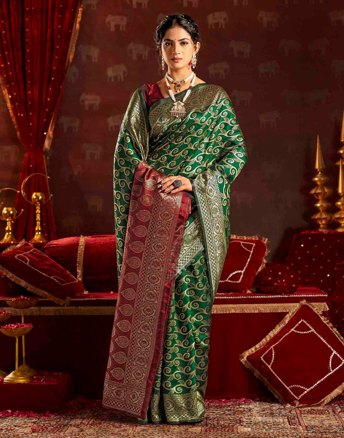 Dark Green Silk Woven Banarasi Saree