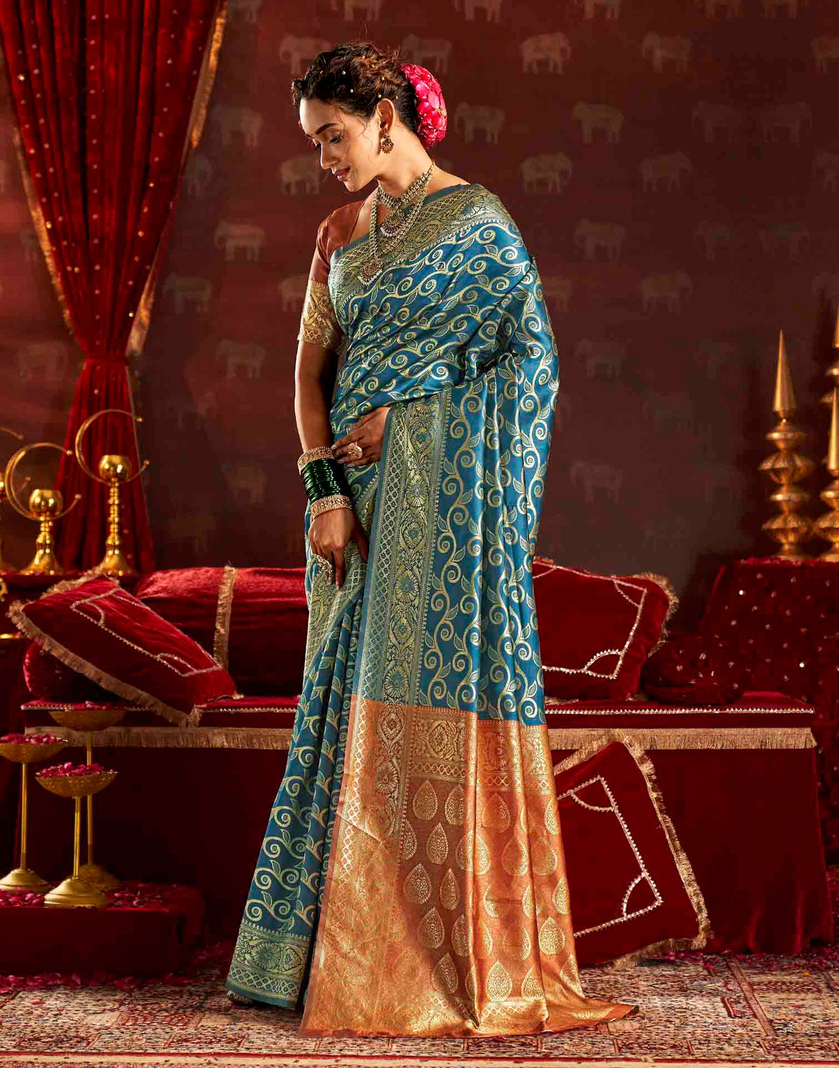 Teal Blue Silk Woven Banarasi Saree
