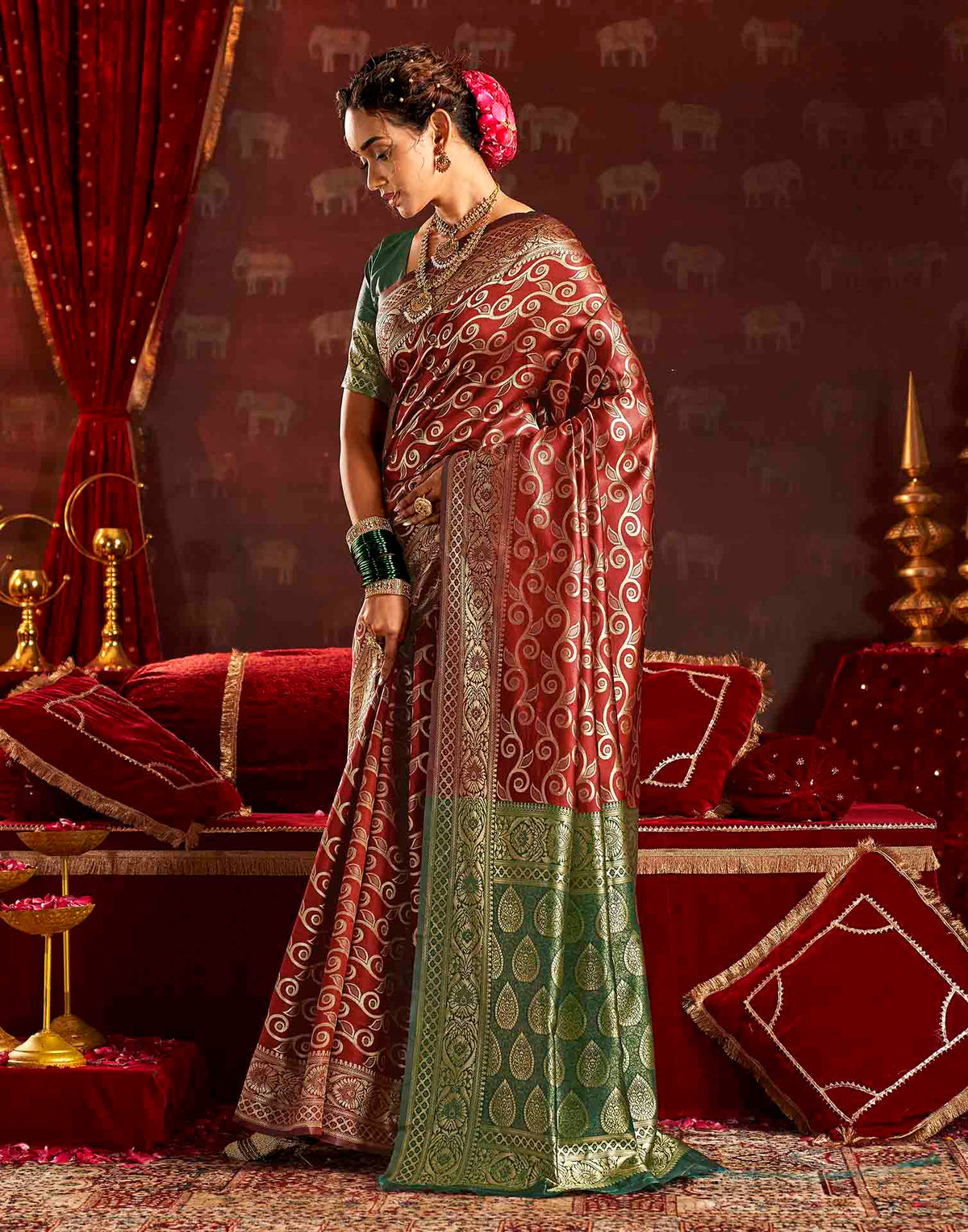 Maroon Silk Woven Banarasi Saree