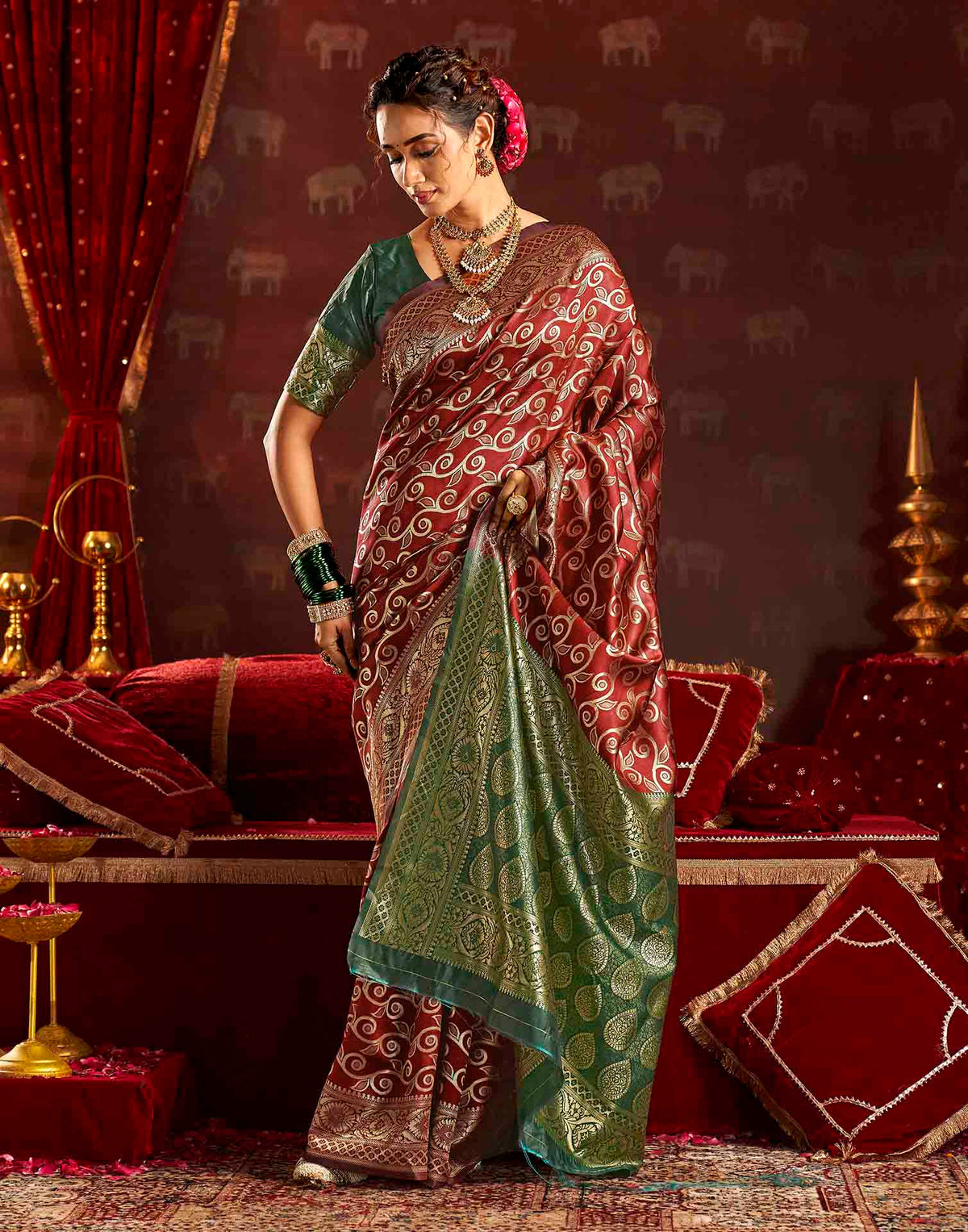 Maroon Silk Woven Banarasi Saree
