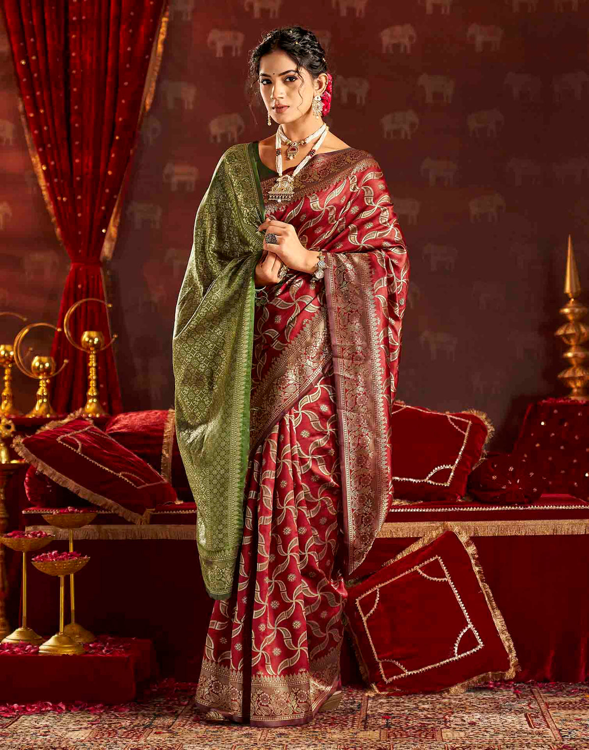 Maroon Silk Woven Banarasi Saree