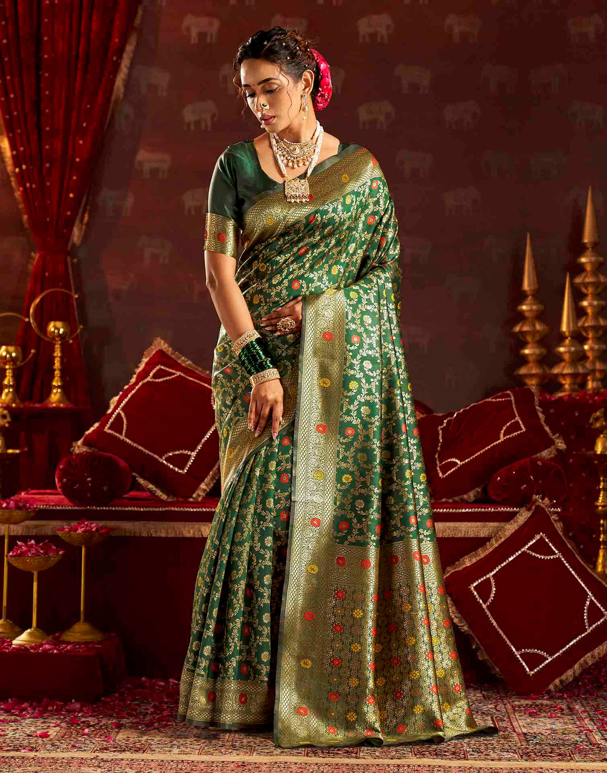 Dark Green Silk Woven Banarasi Saree