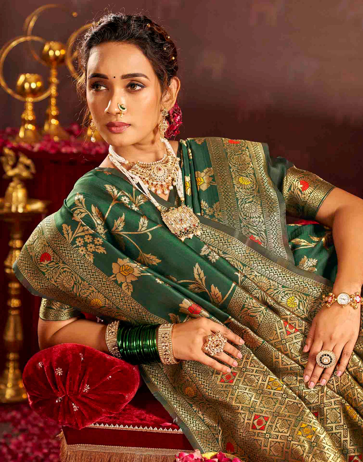 Dark Green Silk Woven Banarasi Saree