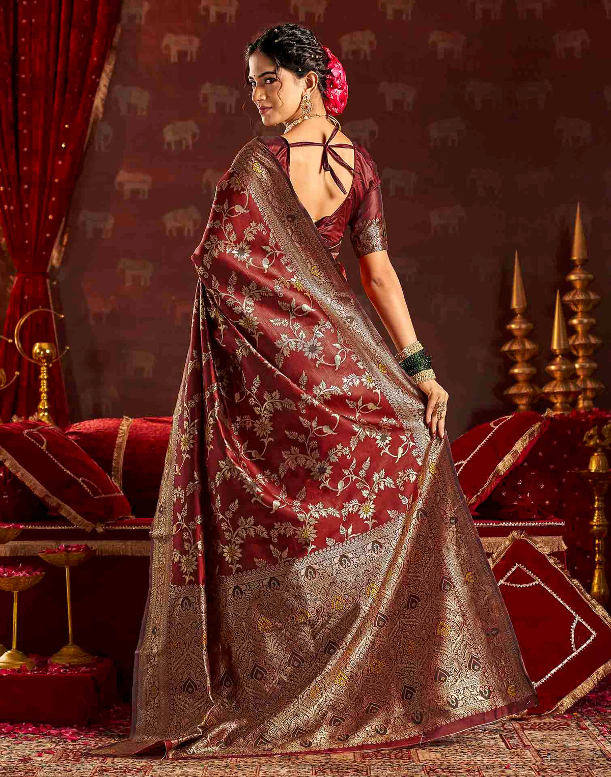 Maroon Silk Woven Banarasi Saree