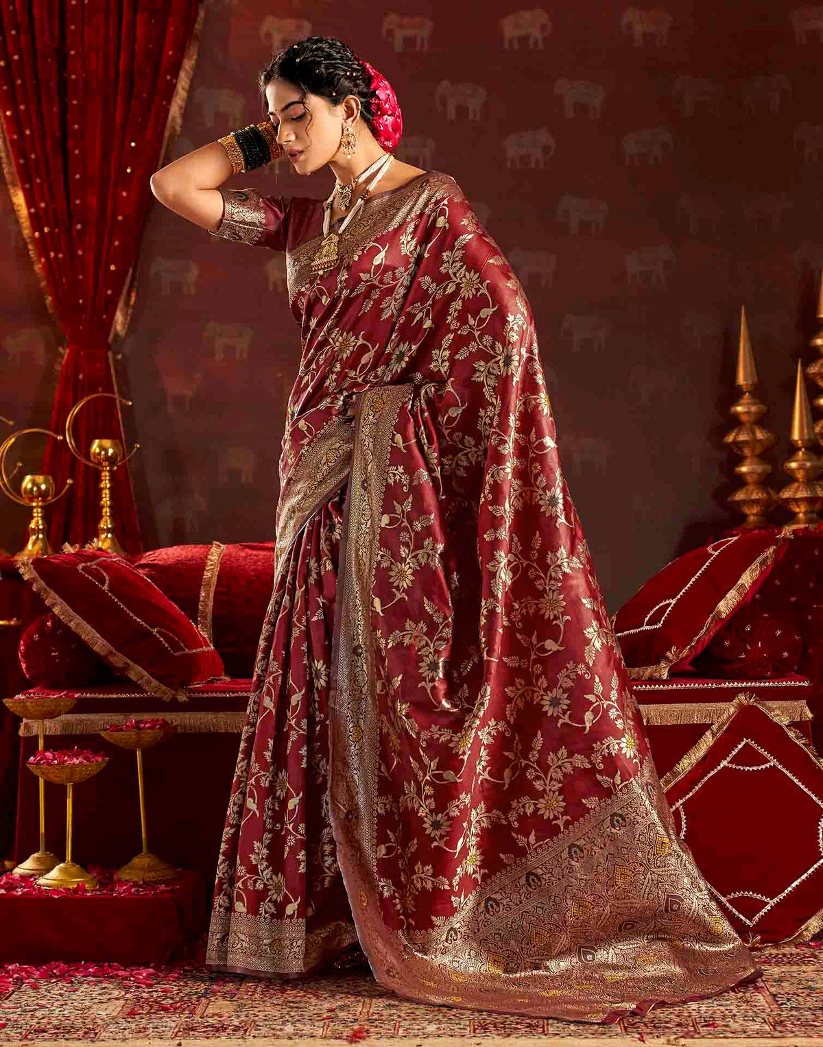 Maroon Silk Woven Banarasi Saree