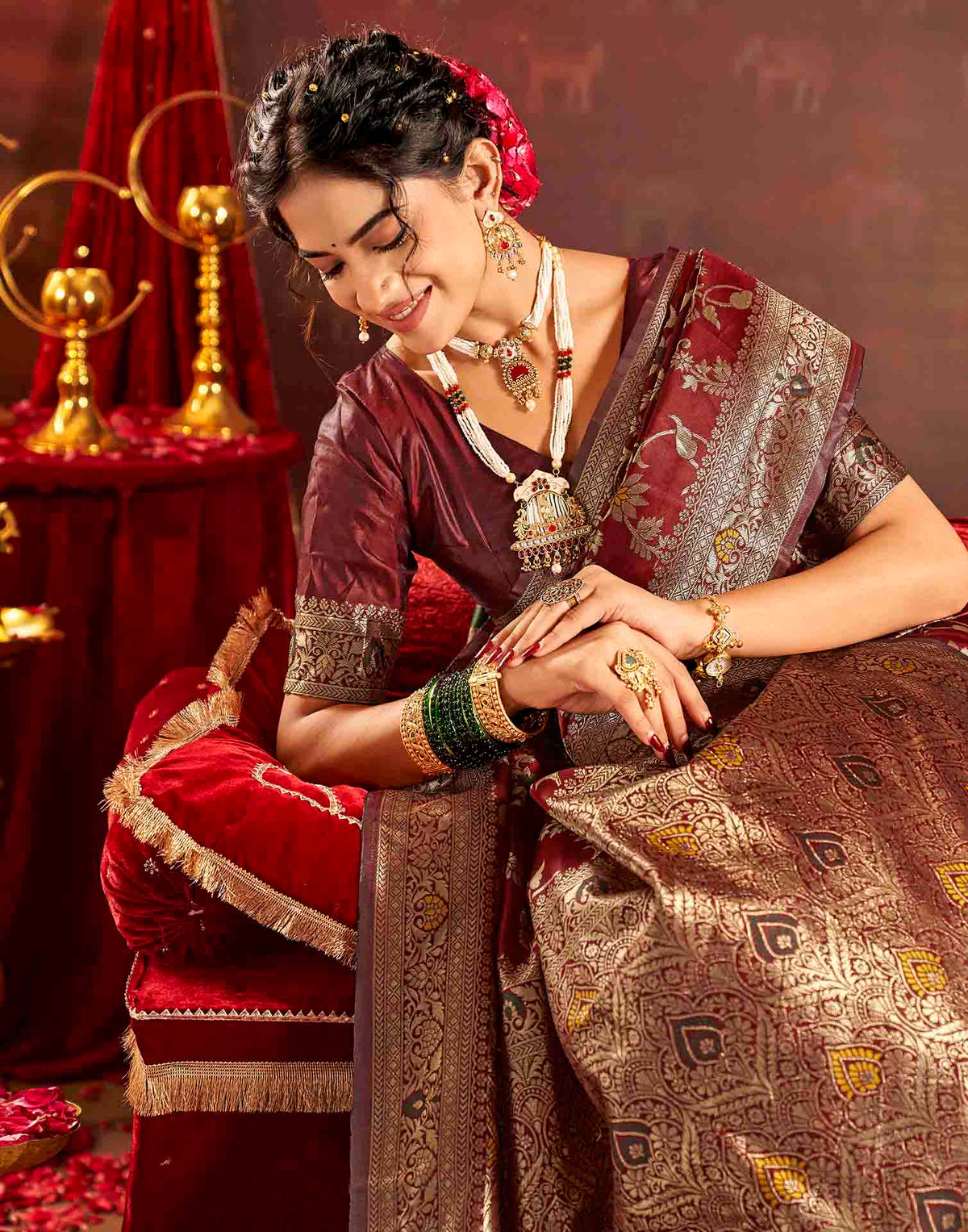 Maroon Silk Woven Banarasi Saree