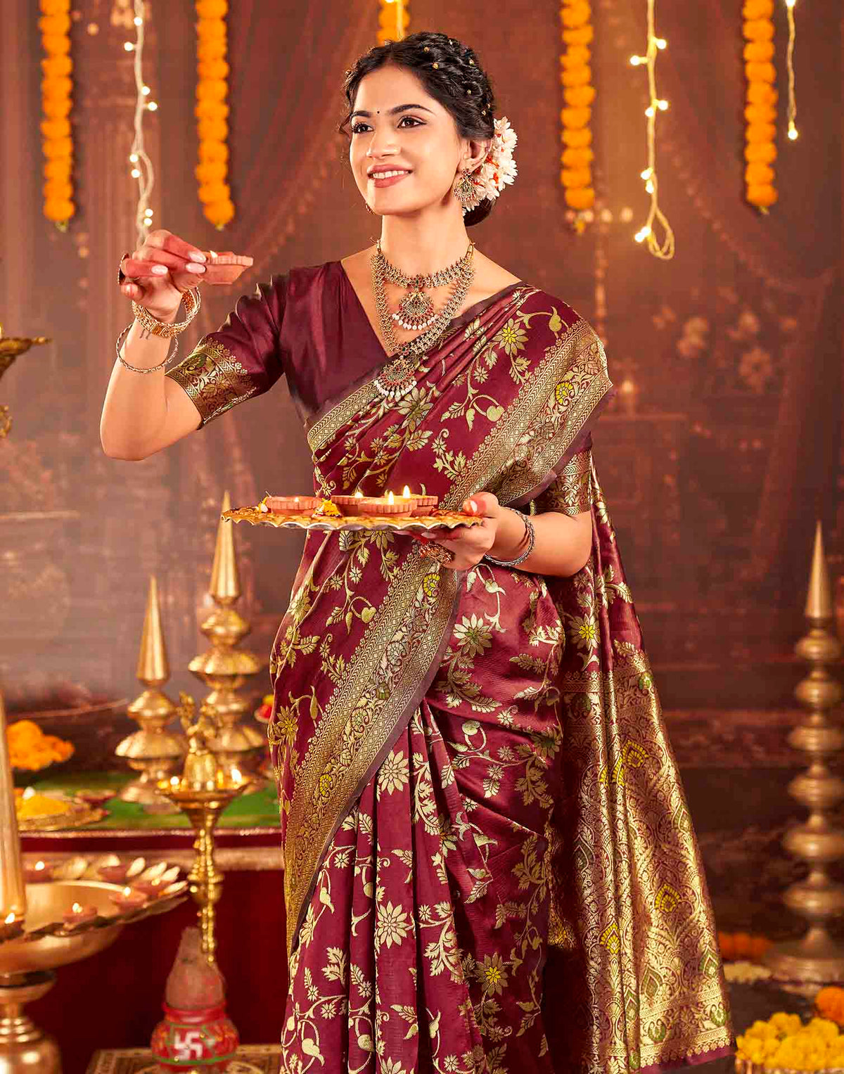 Maroon Silk Woven Banarasi Saree