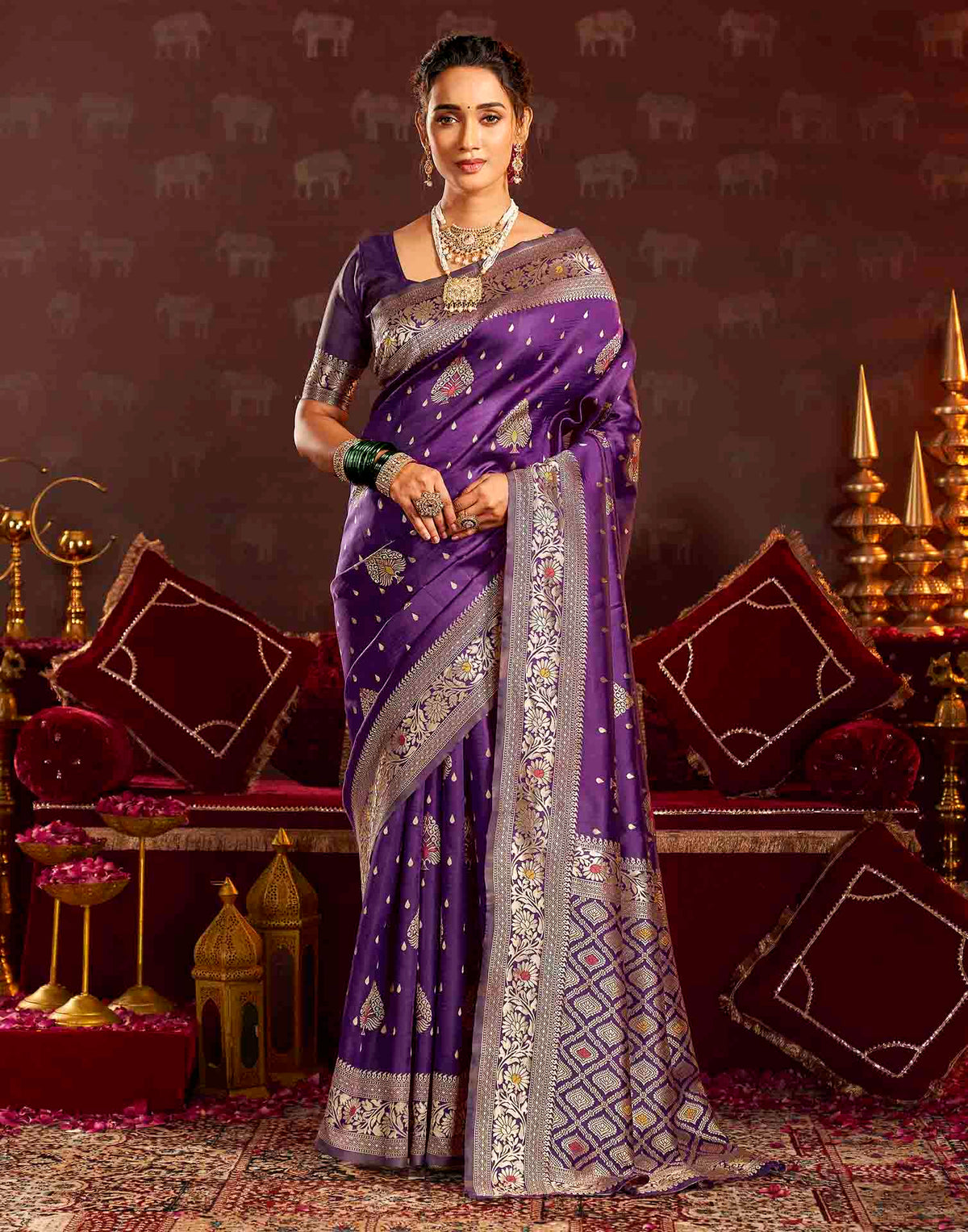 Wine Silk Woven Banarasi Saree