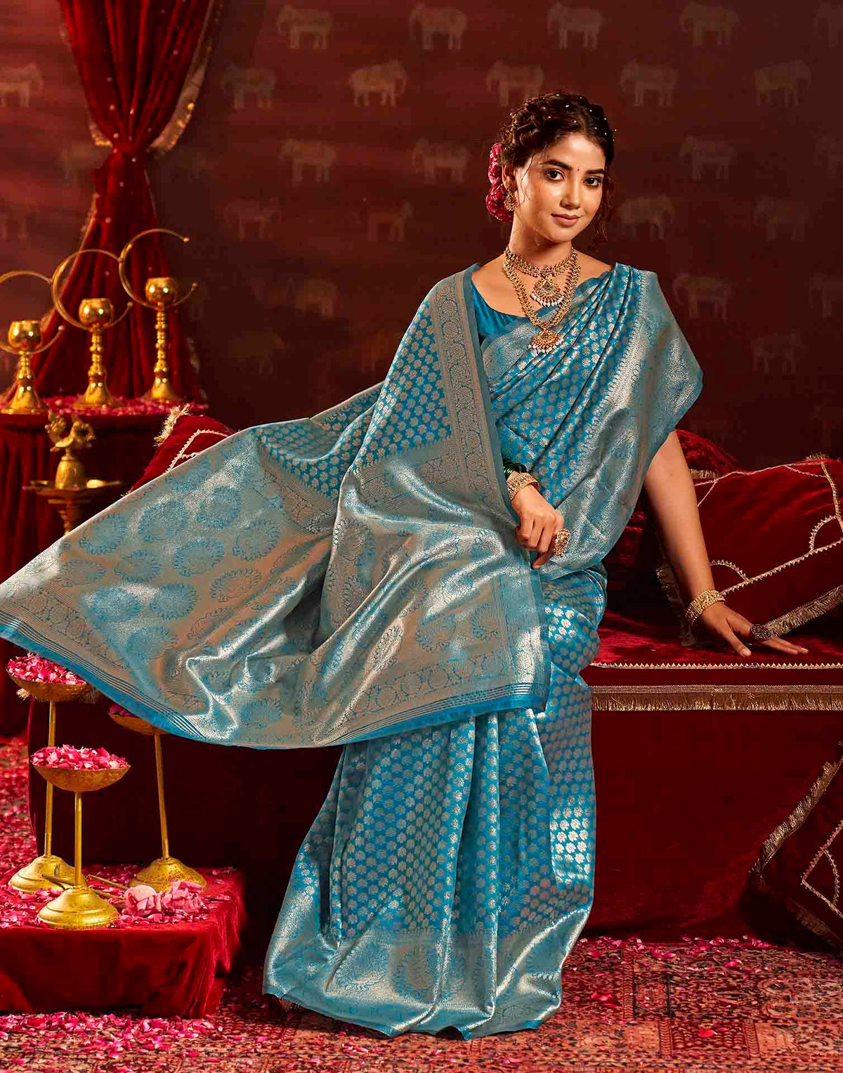 Sea Blue Silk Woven Banarasi Saree