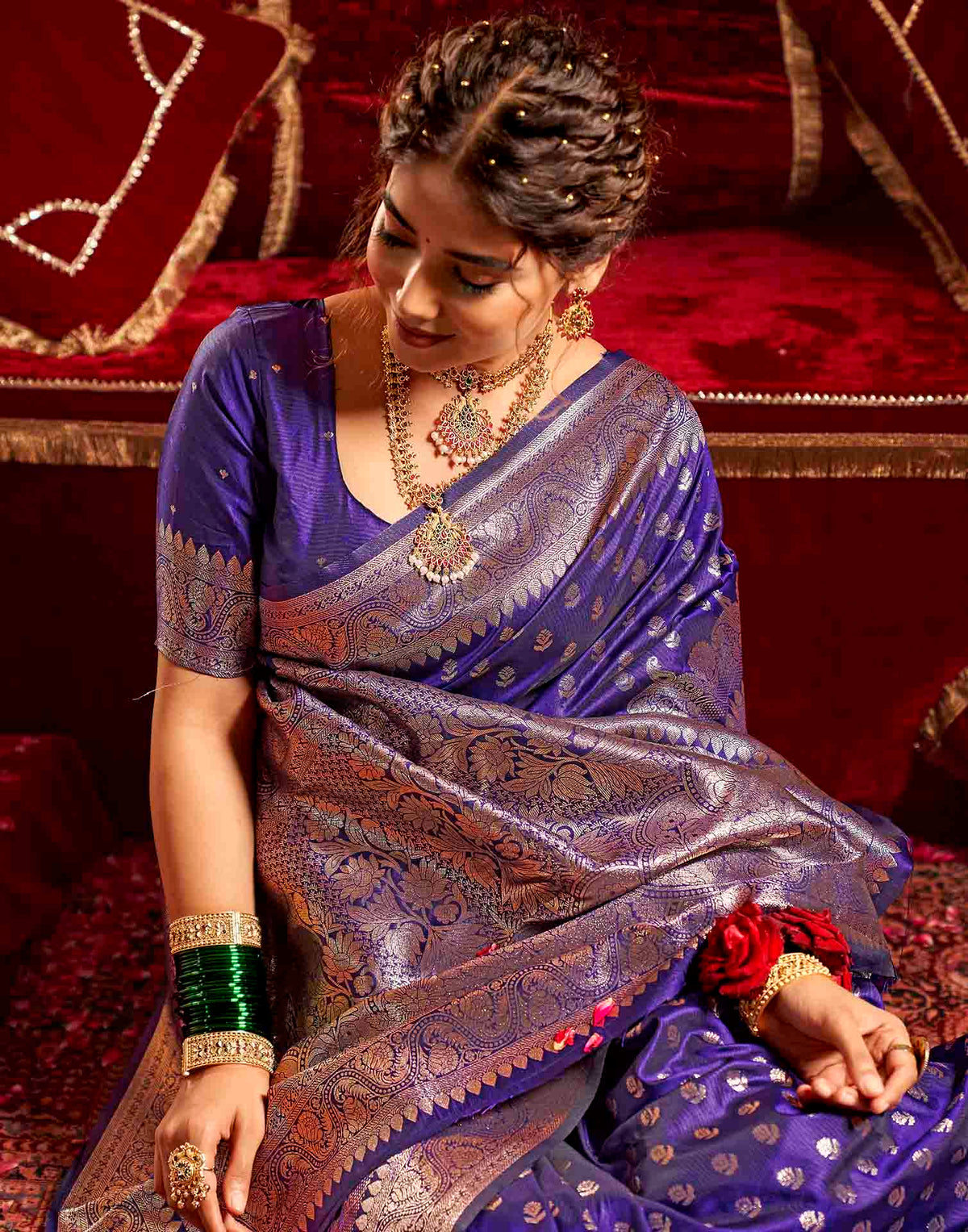 Navy Blue Silk Woven Banarasi Saree