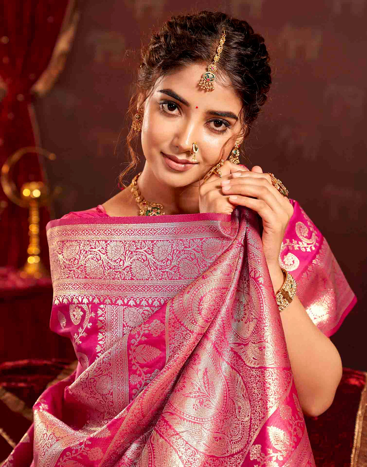 Dark Pink Silk Woven Banarasi Saree
