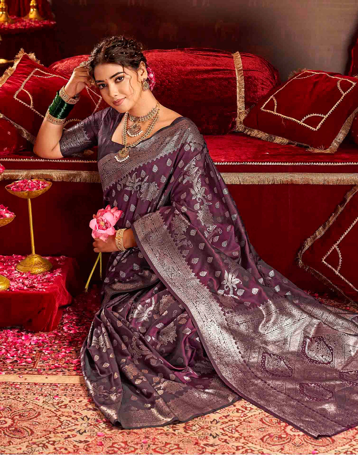 Wine Silk Woven Banarasi Saree