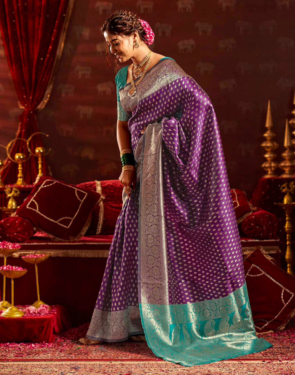 Wine Silk Woven Banarasi Saree