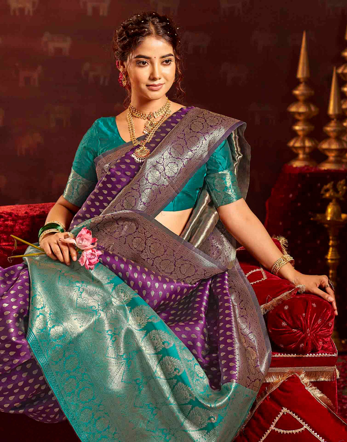 Wine Silk Woven Banarasi Saree