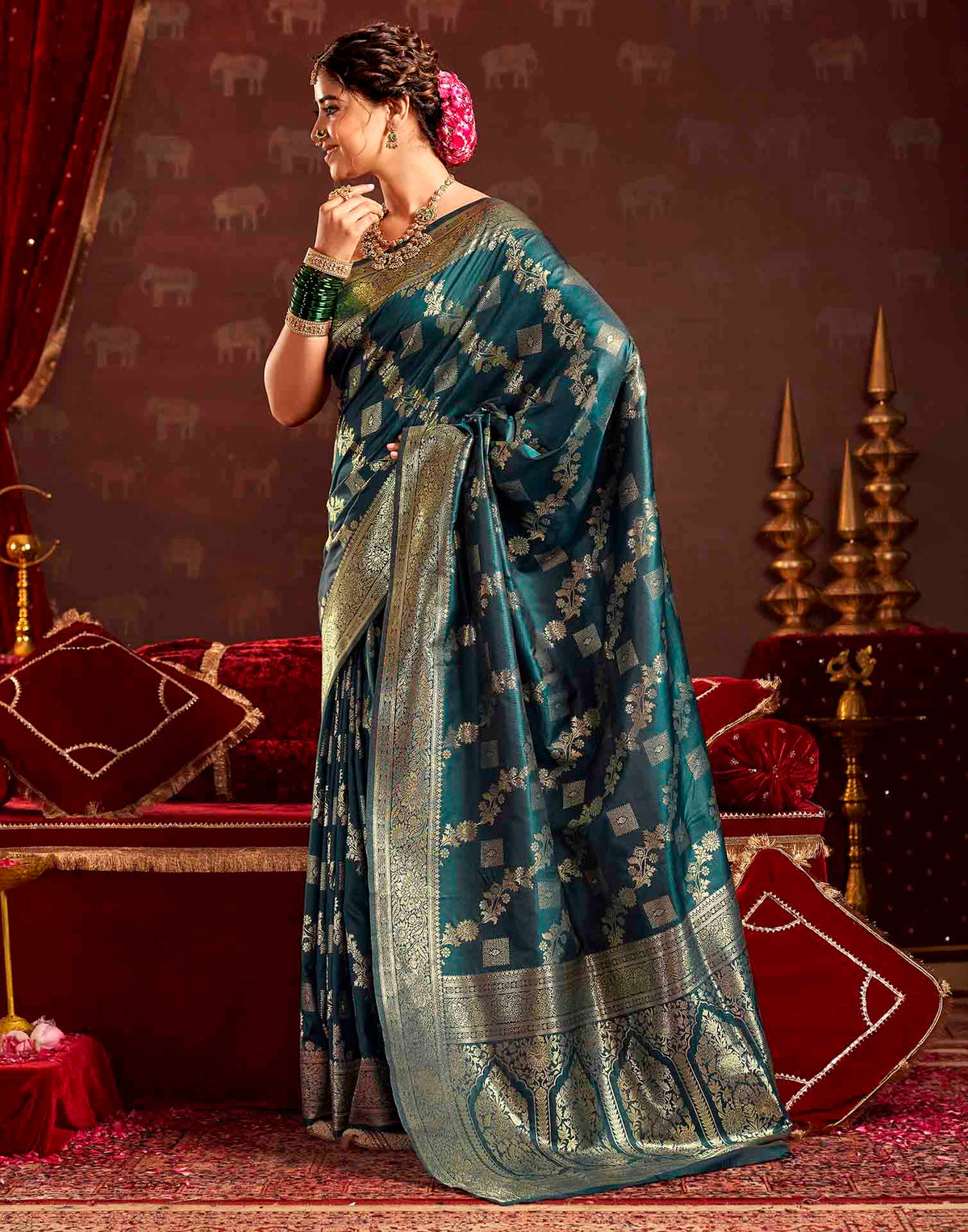 Teal Blue Silk Woven Banarasi Saree