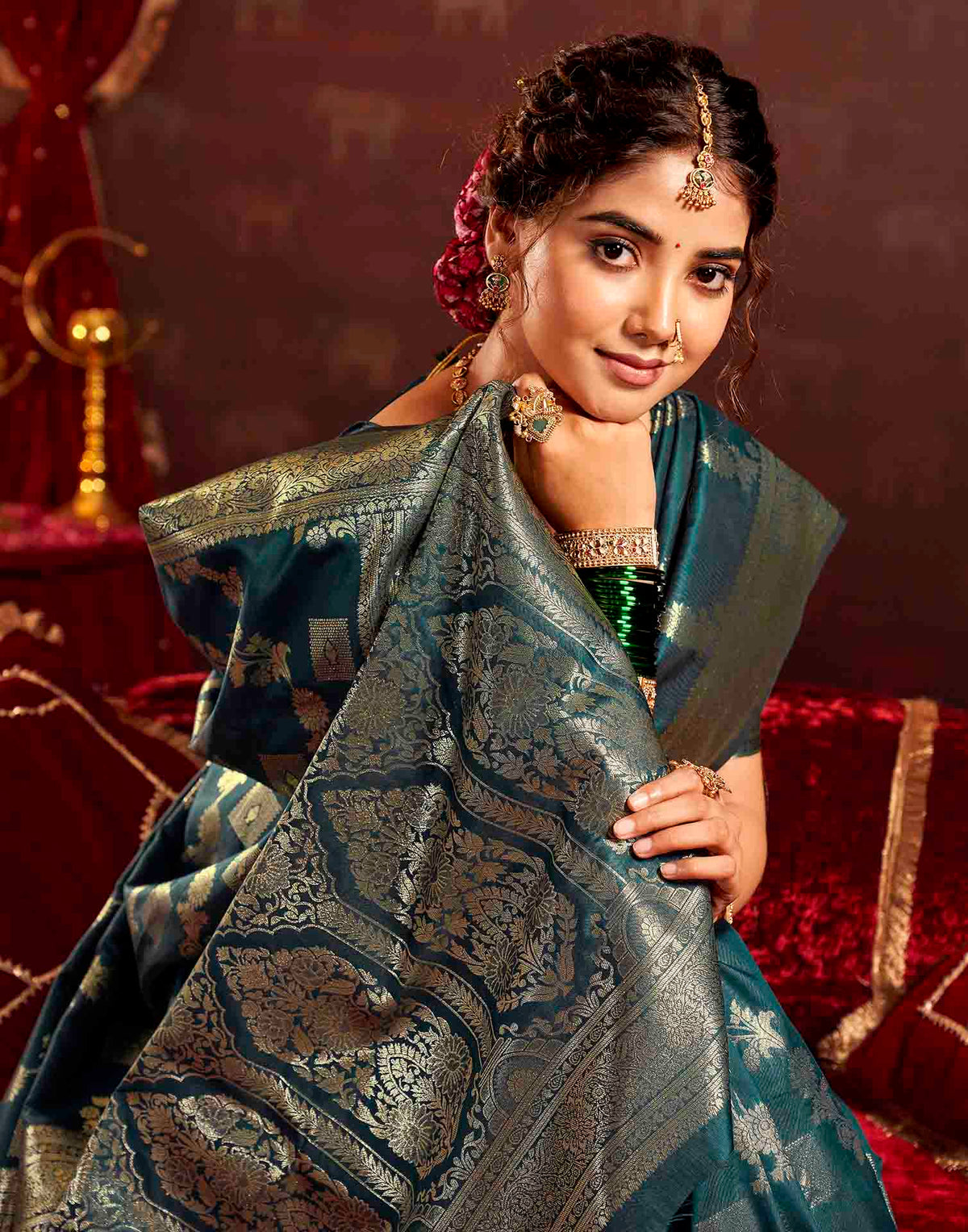 Teal Blue Silk Woven Banarasi Saree