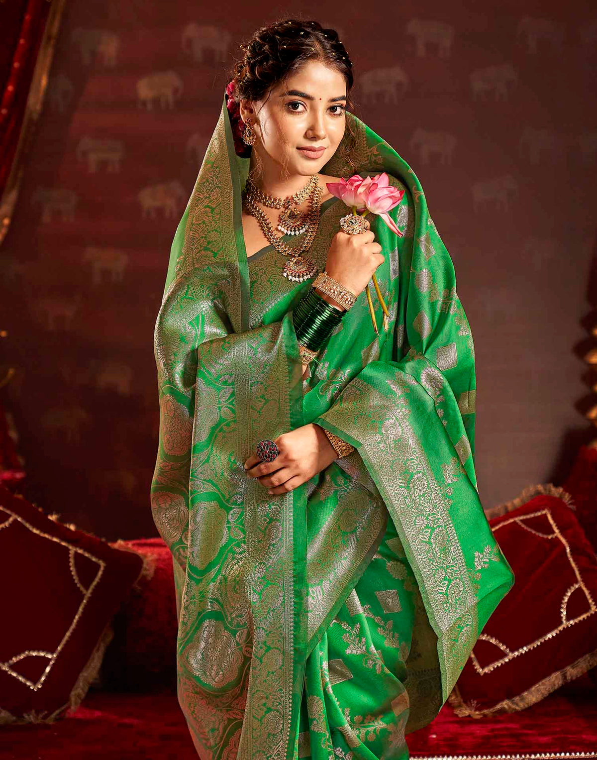 Parrot Green Silk Woven Banarasi Saree