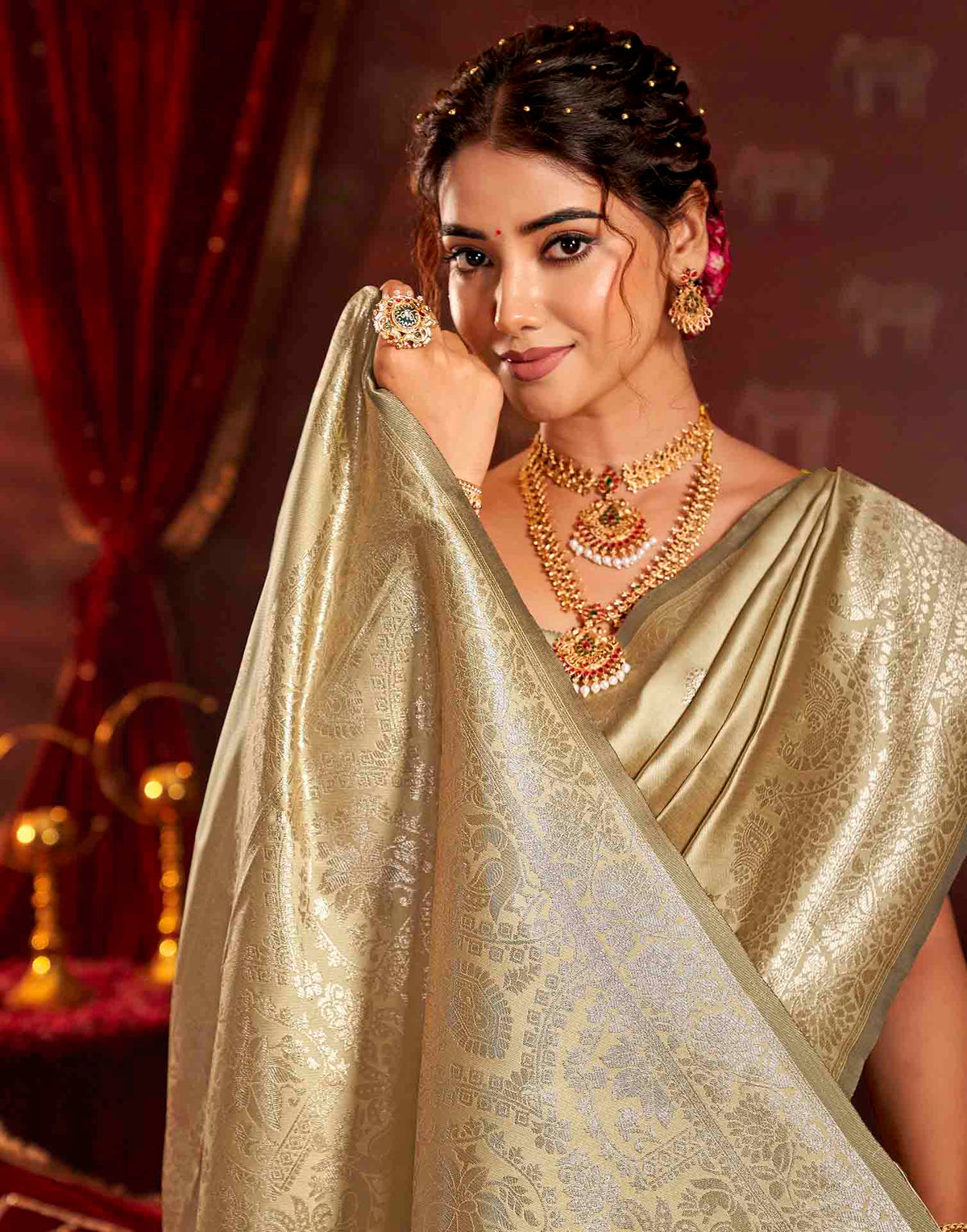 Golden Beige Silk Woven Banarasi Saree