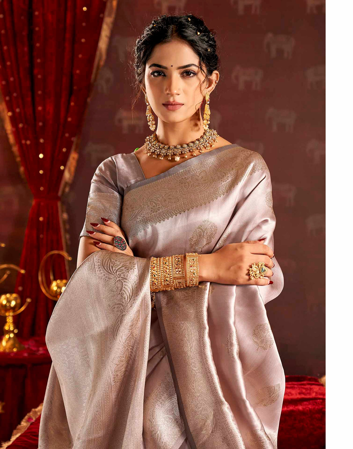 Dusty Grey Silk Woven Banarasi Saree