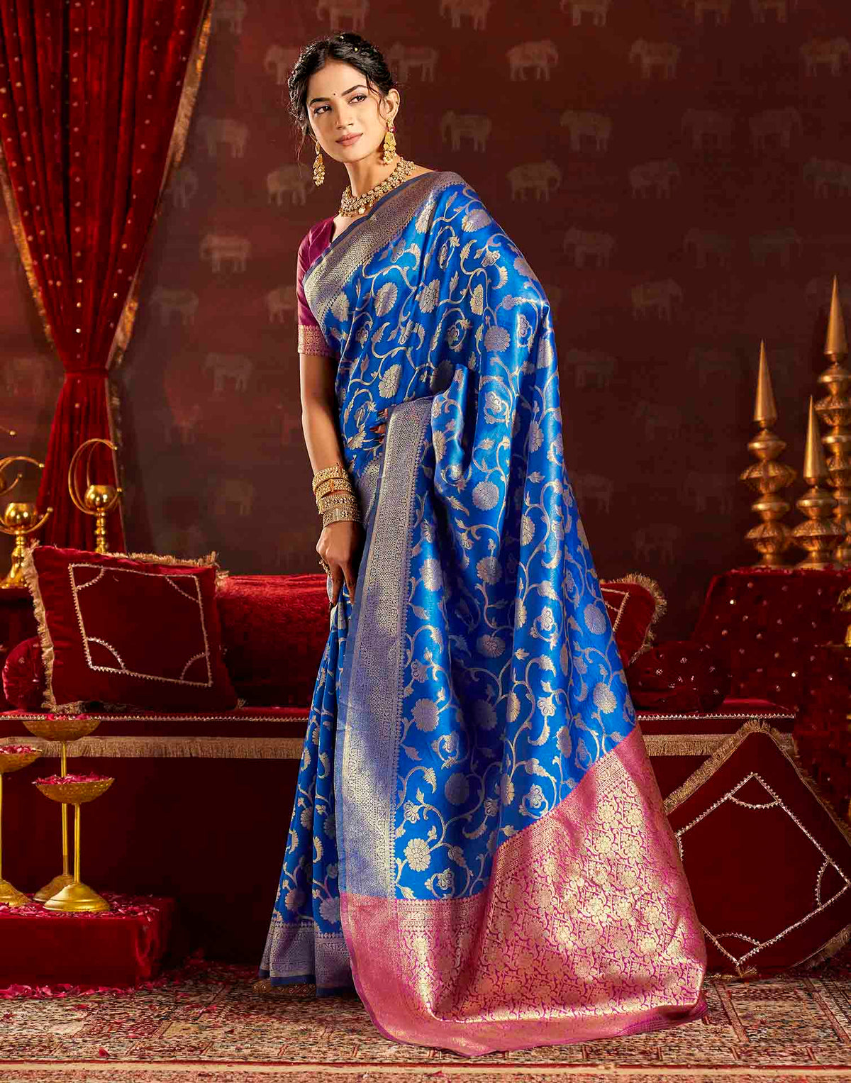 Dark Blue Silk Woven Banarasi Saree