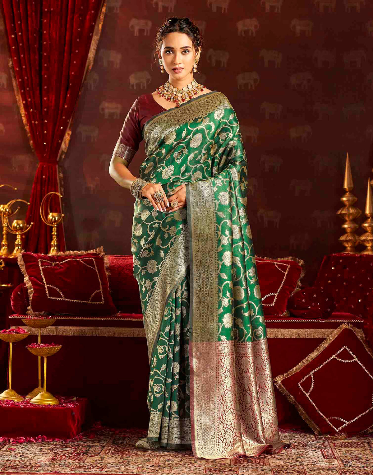 Dark Green Silk Woven Banarasi Saree