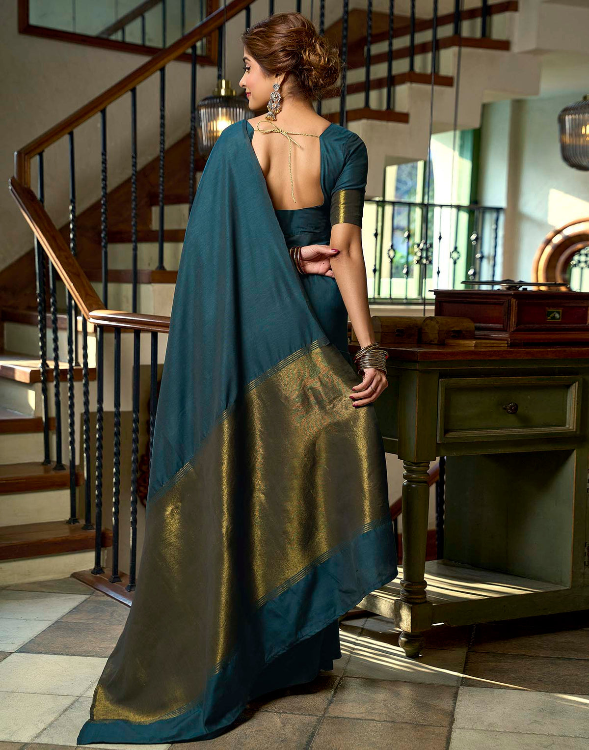Teal Blue Cotton Woven Kanjivaram Saree