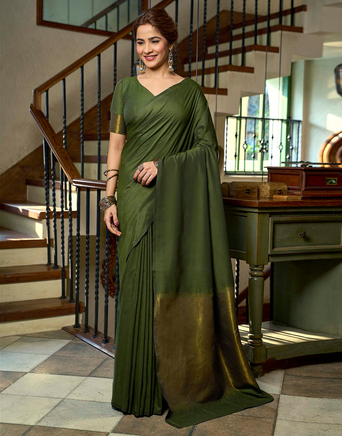 Moss Green Cotton Woven Kanjivaram Saree