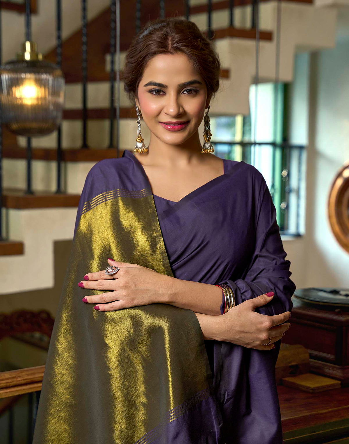 Navy Blue Cotton Woven Kanjivaram Saree