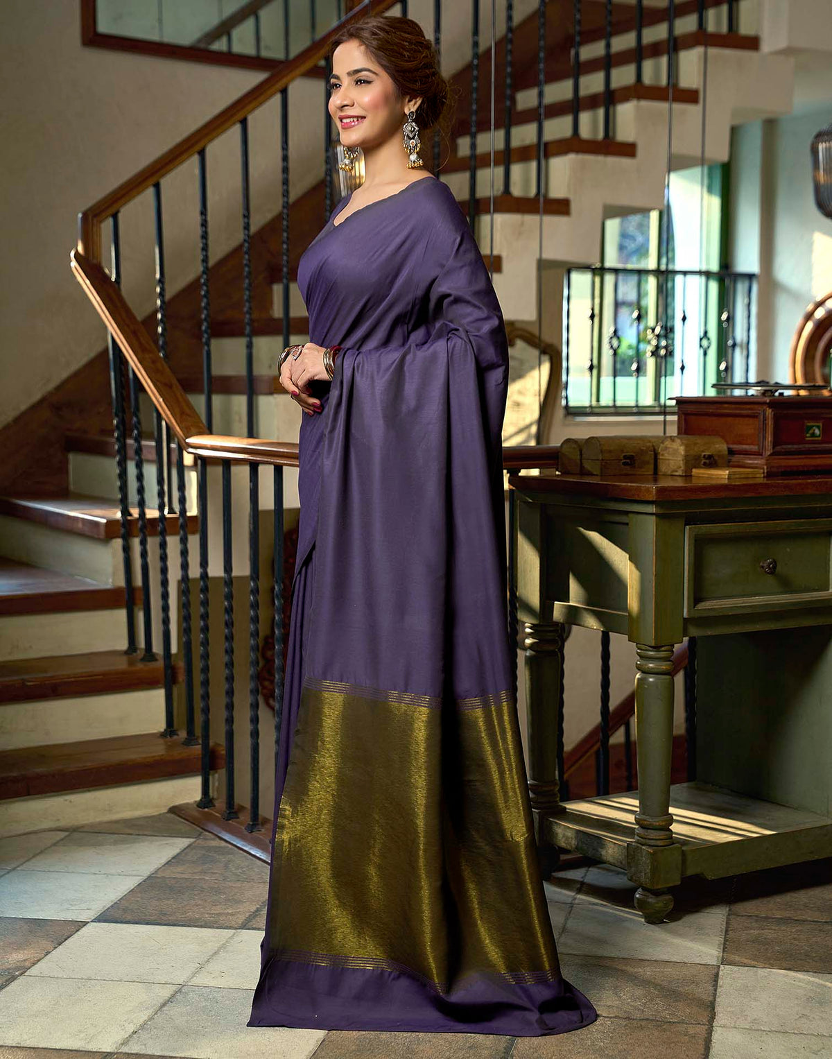Navy Blue Cotton Woven Kanjivaram Saree