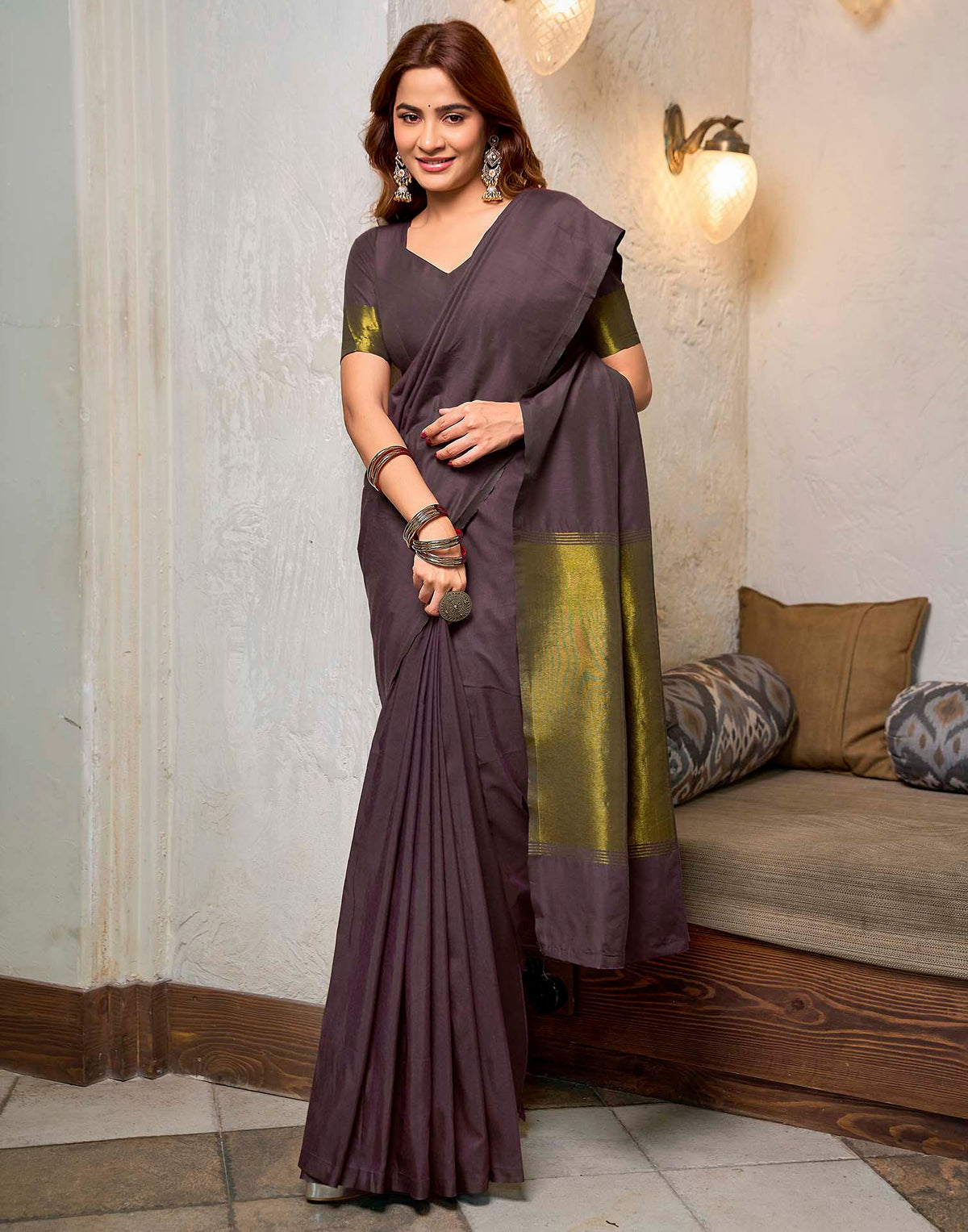Wine Cotton Woven Kanjivaram Saree