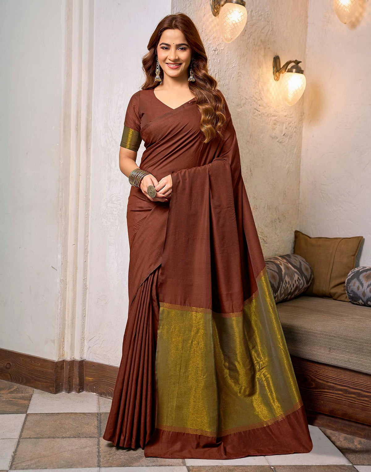 Maroon Cotton Woven Kanjivaram Saree