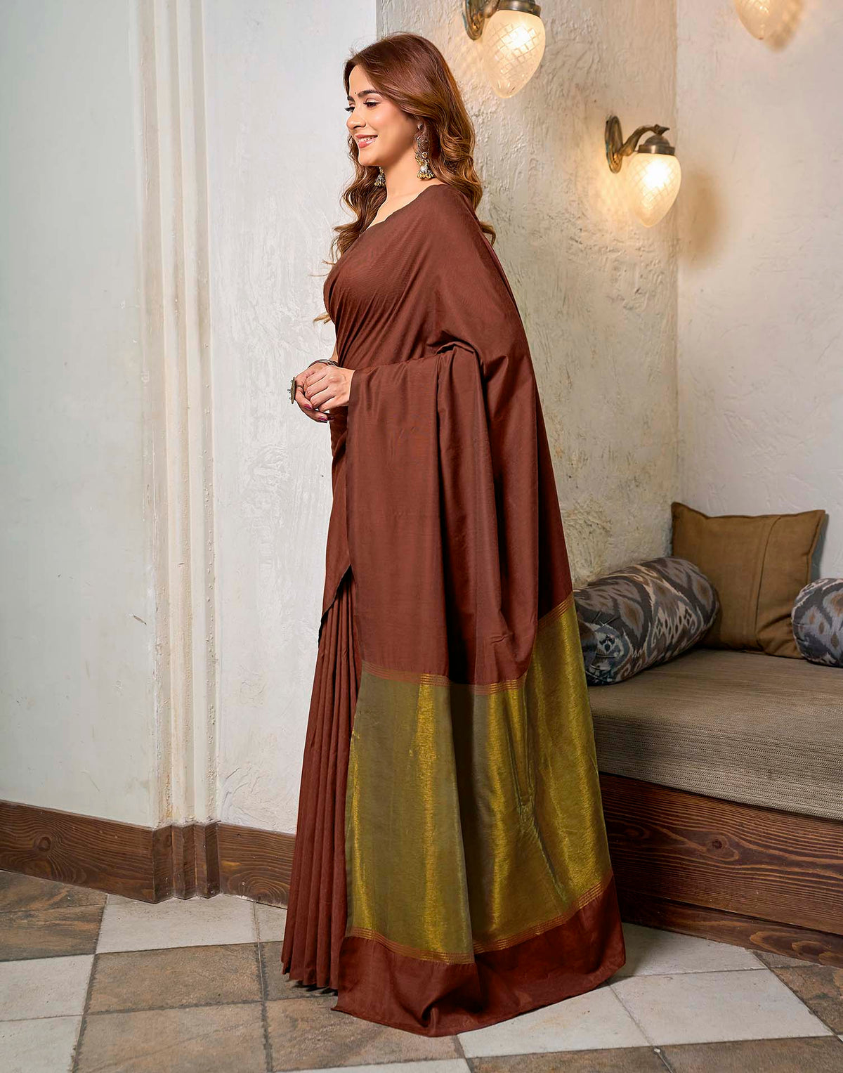 Maroon Cotton Woven Kanjivaram Saree