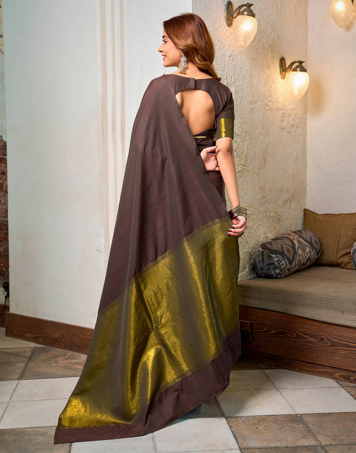 Dusty Wine Cotton Woven Kanjivaram Saree