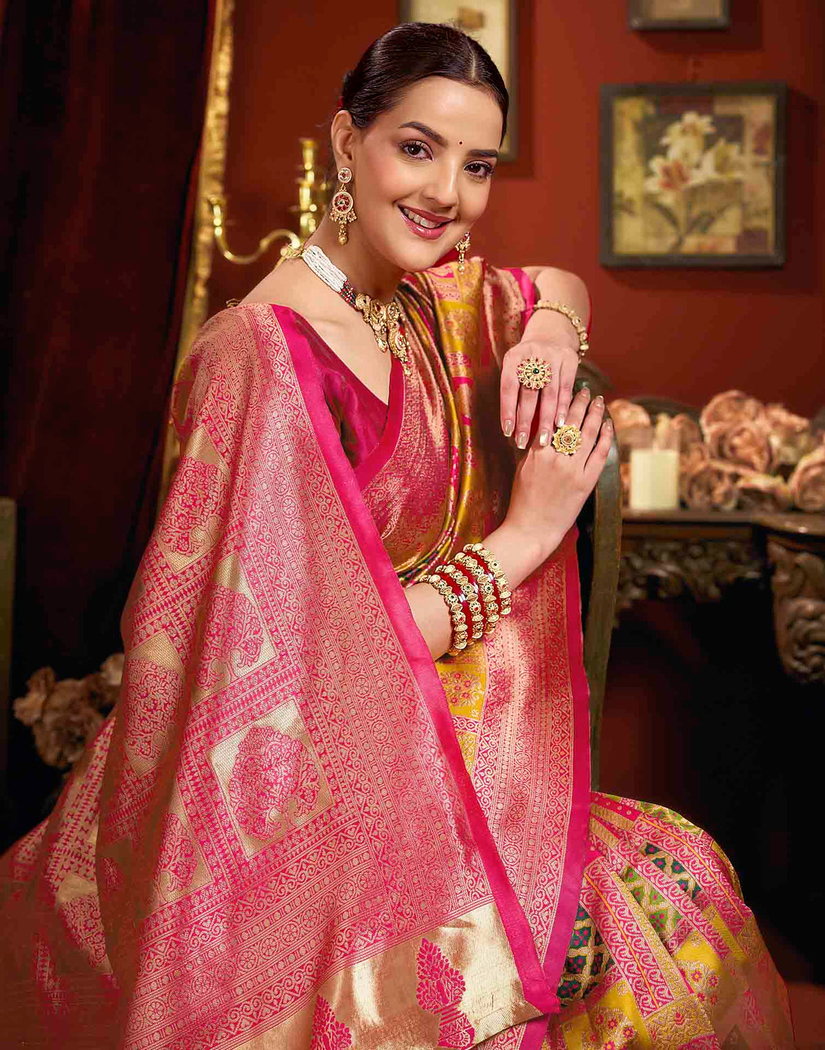 Bright Pink Silk Woven Banarasi Saree