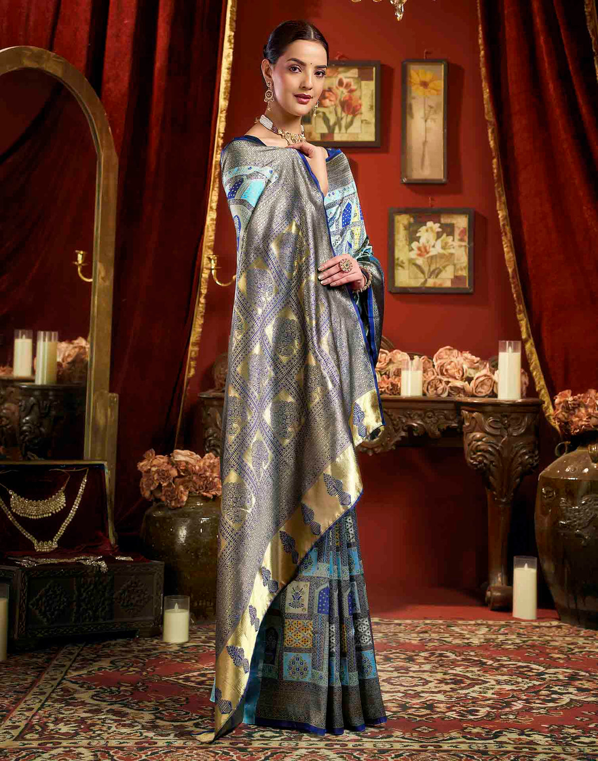 Sky Blue Silk Woven Banarasi Saree